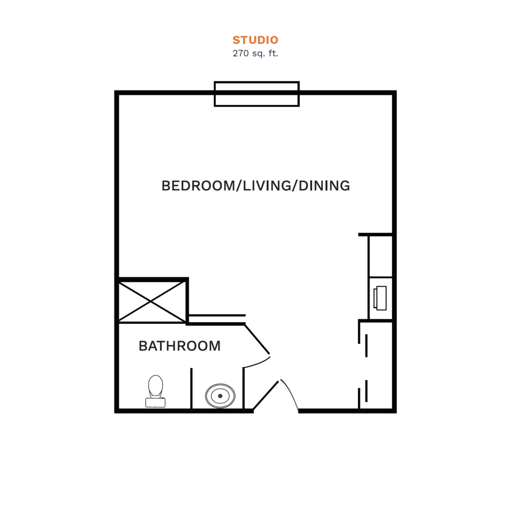 Inspirations of River Centre floor plan for a studio, 270 square foot apartment.