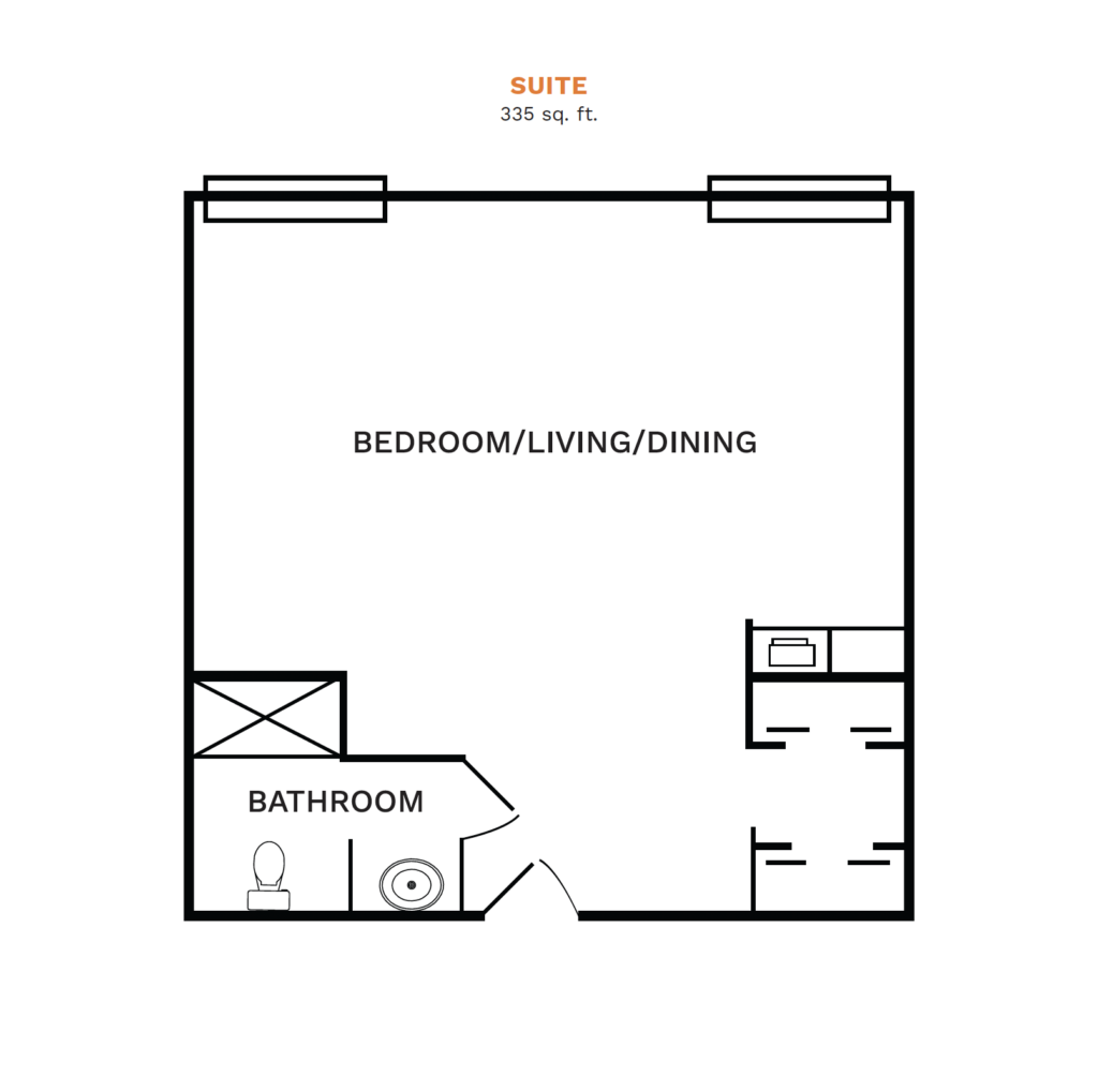 Inspirations of River Centre floor plan for a studio, 335 square foot apartment.