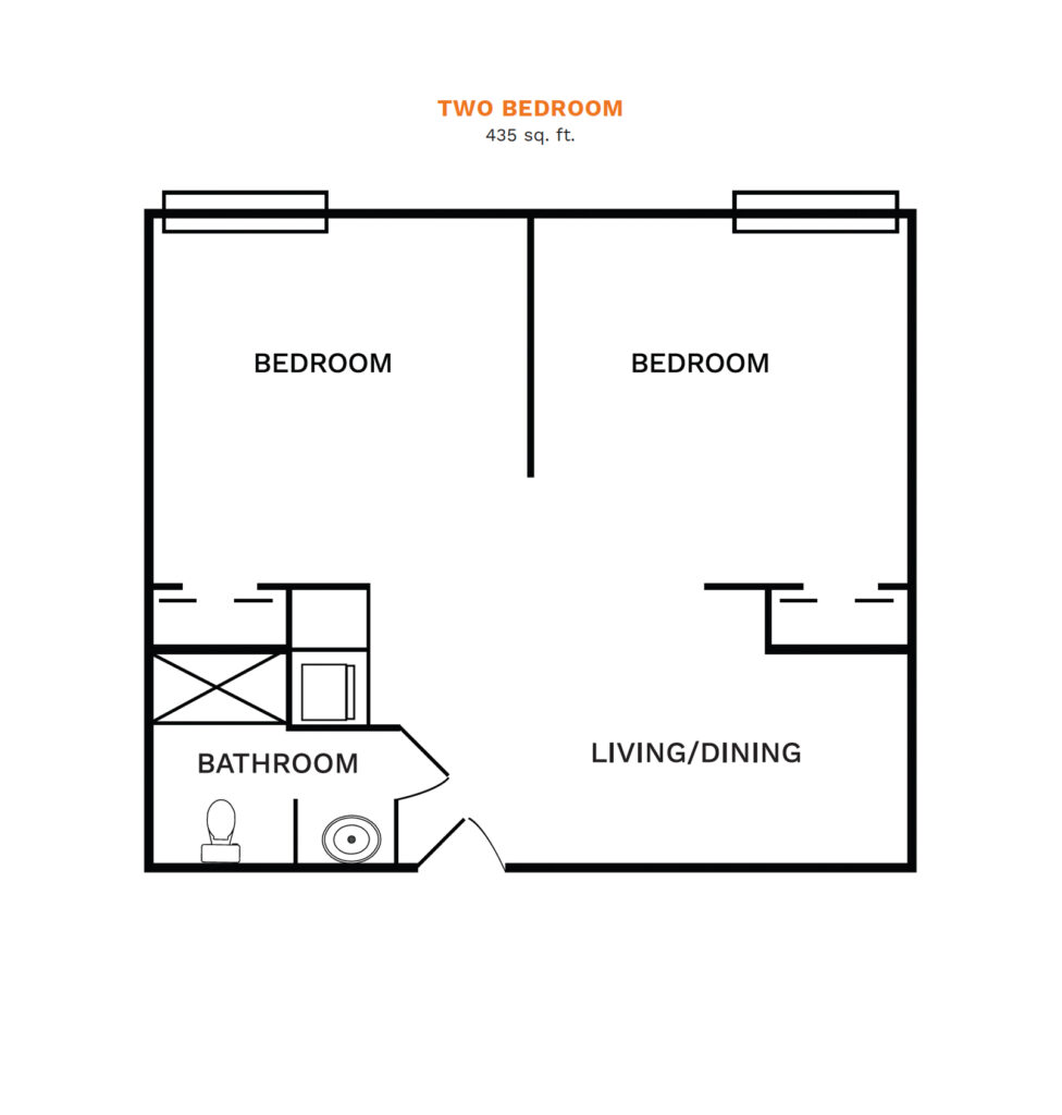 Inspirations of River Centre floor plan for a two bedroom, 435 square foot apartment.