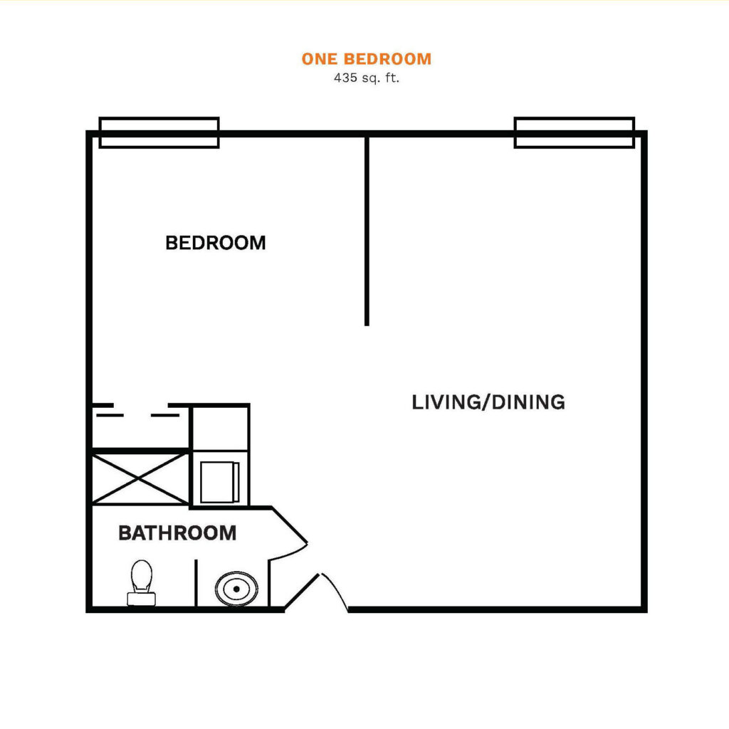 Inspirations of River Centre floor plan for a one bedroom, 435 square foot apartment.