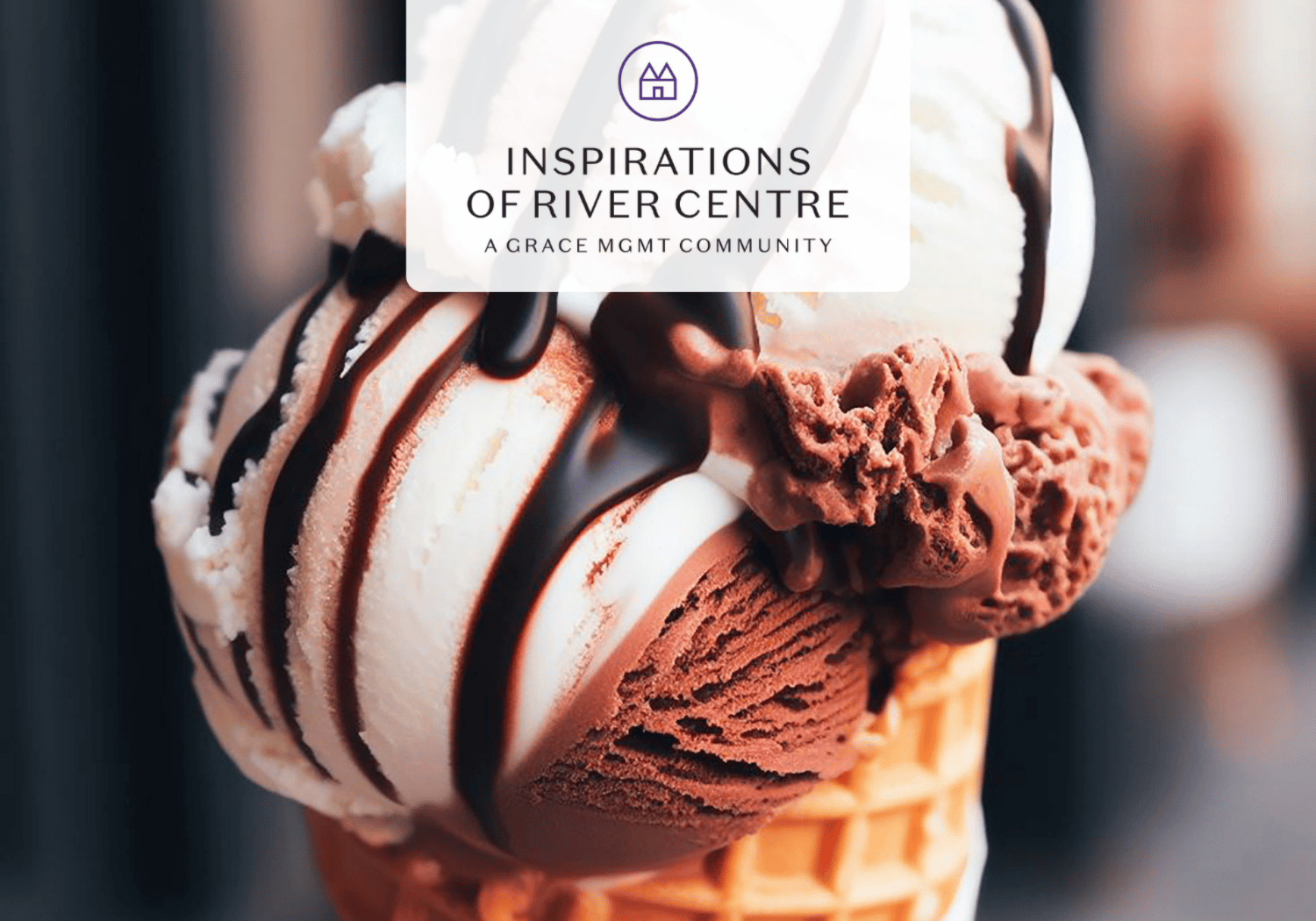 Ice cream cone with vanilla and chocolate scoops drizzled in chocolate, overlaid with the Inspirations of River Centre logo and text.