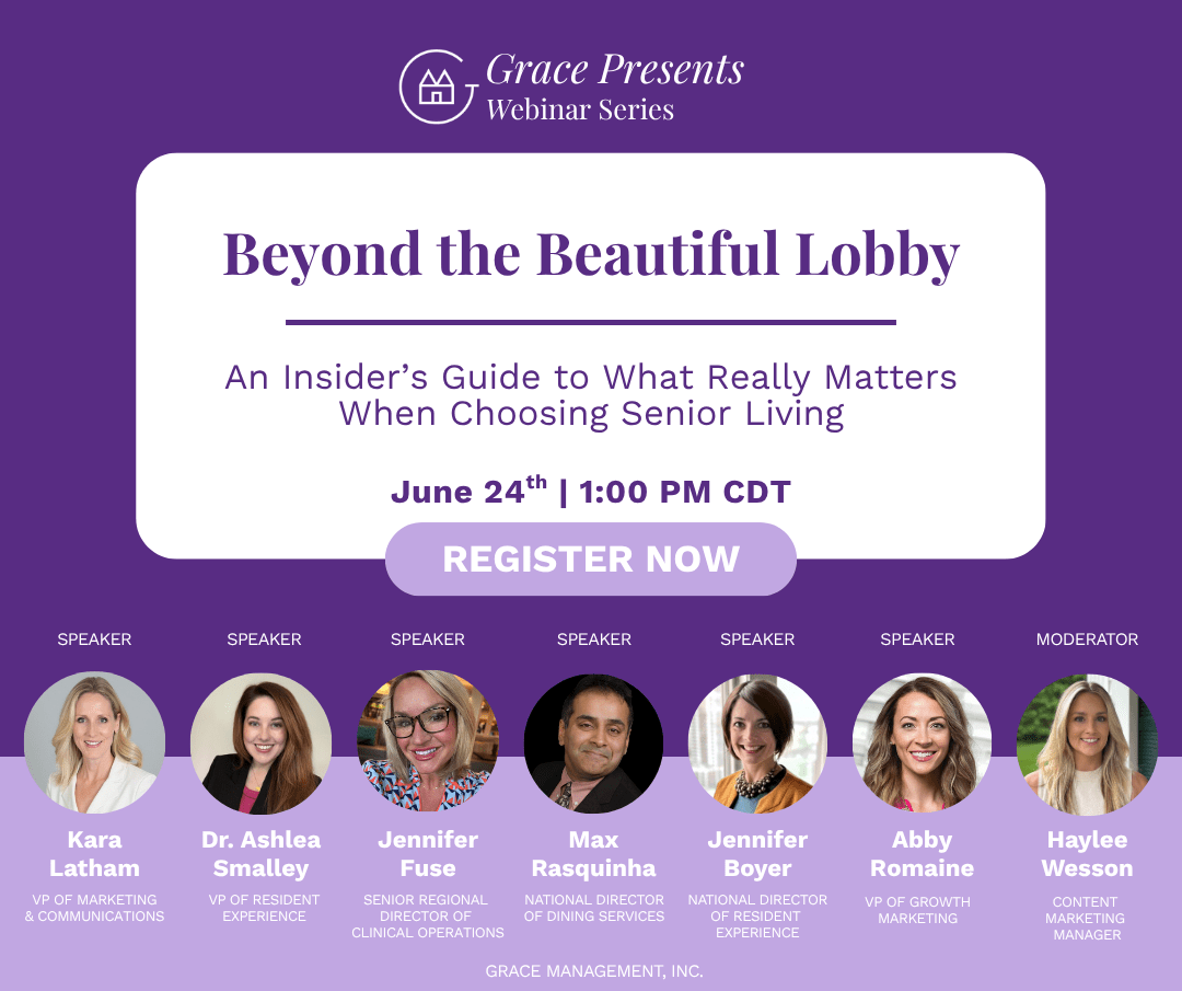 Promotional banner for Grace Presents Webinar Series 'Beyond the Beautiful Lobby' with date June 24 at 1:00 PM CDT, and a row of seven speaker headshots with names and titles, plus a 'Register Now' button and Grace Management branding.